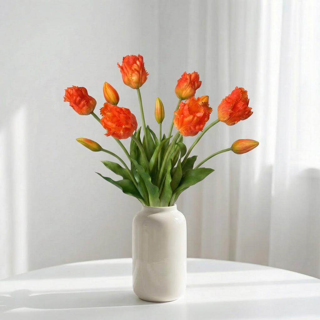 Kunstige papegøjetulipaner i vase – Orange papegøjetulipaner