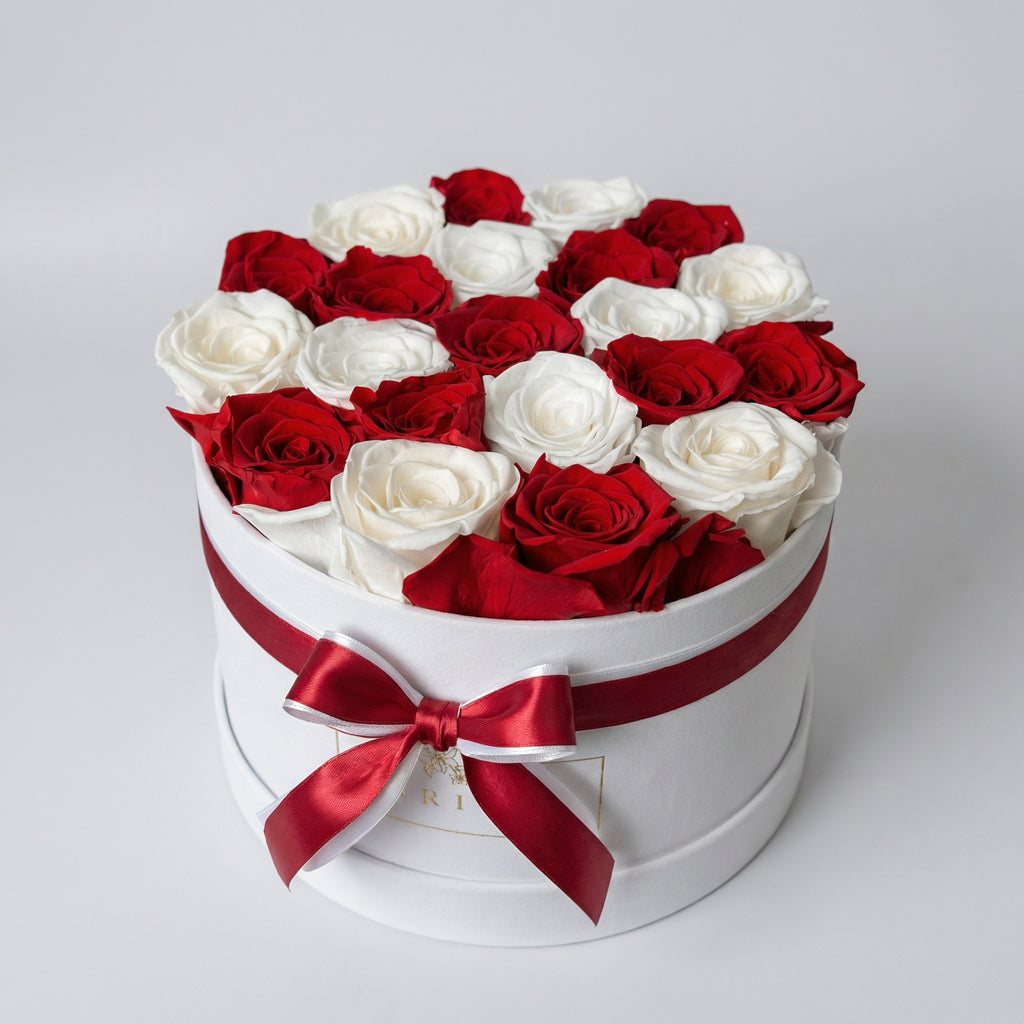 Evighedsroser i æske – Røde og hvide roser