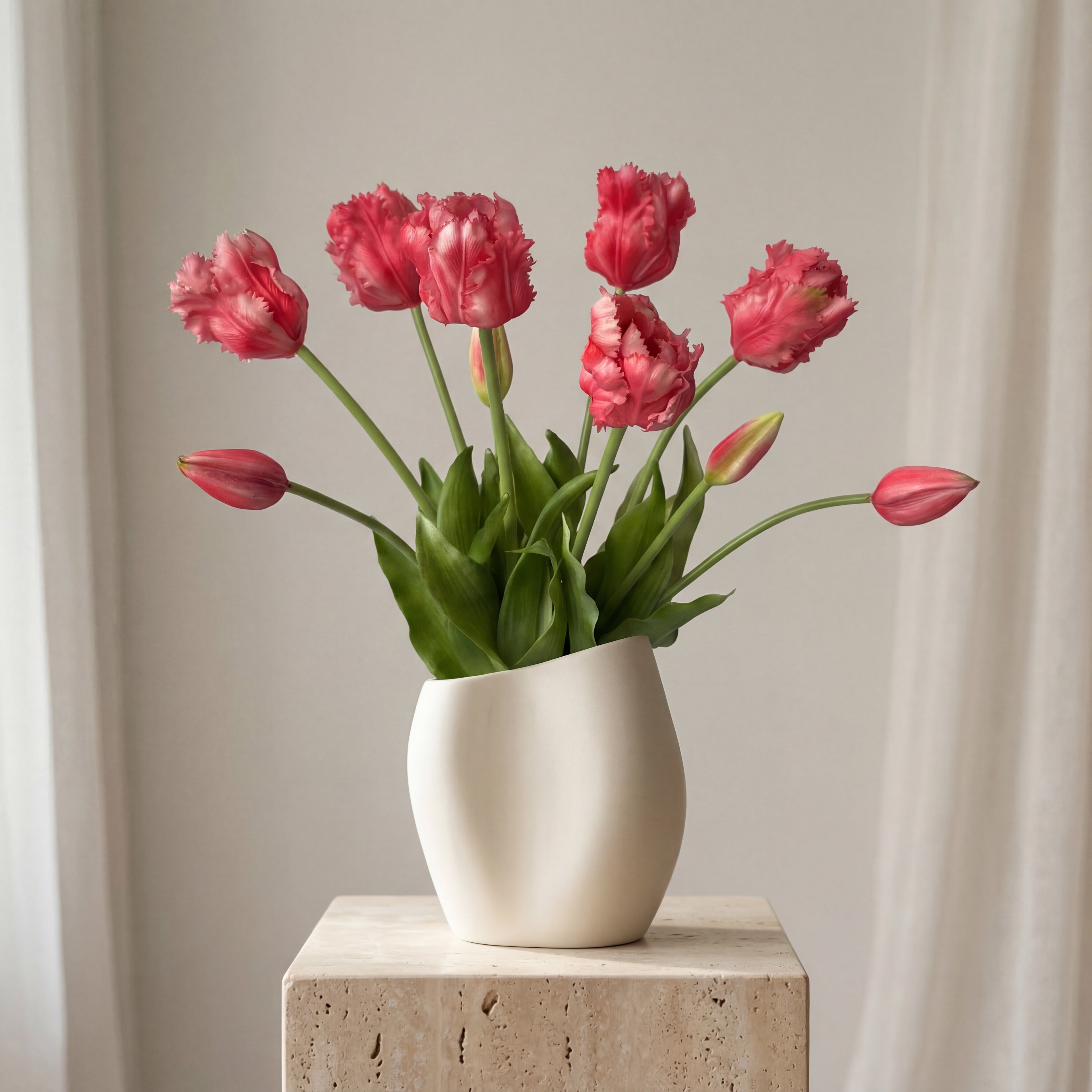 Kunstige papegøjetulipaner i vase – Mørkerosa tulipaner