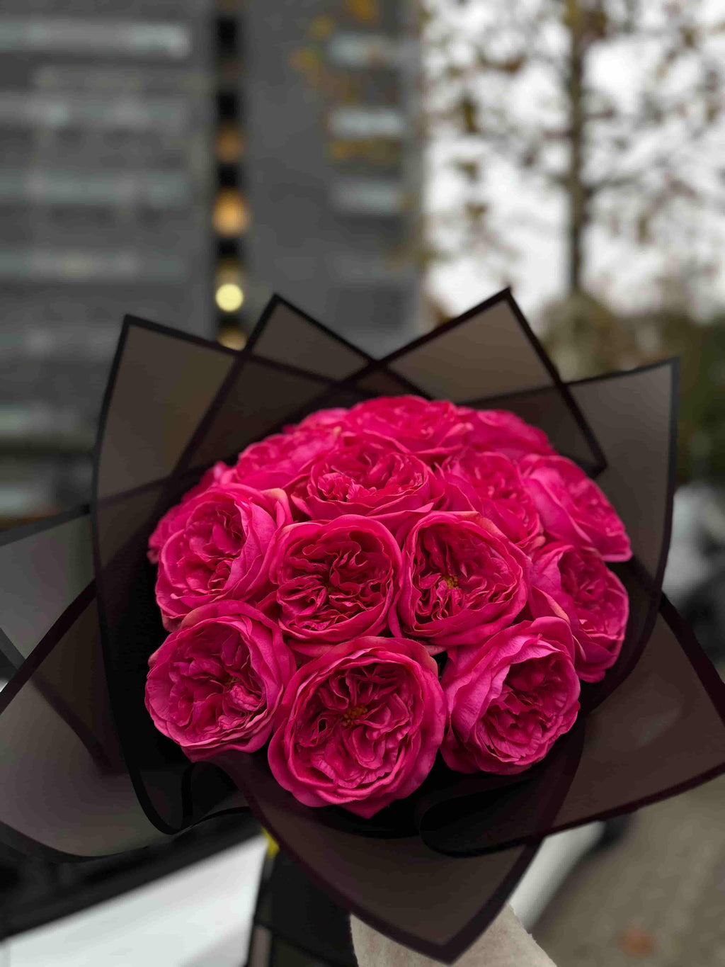 Buket med dyb pink Austin-roser – luksuriøs og farverig blomsterhilsen